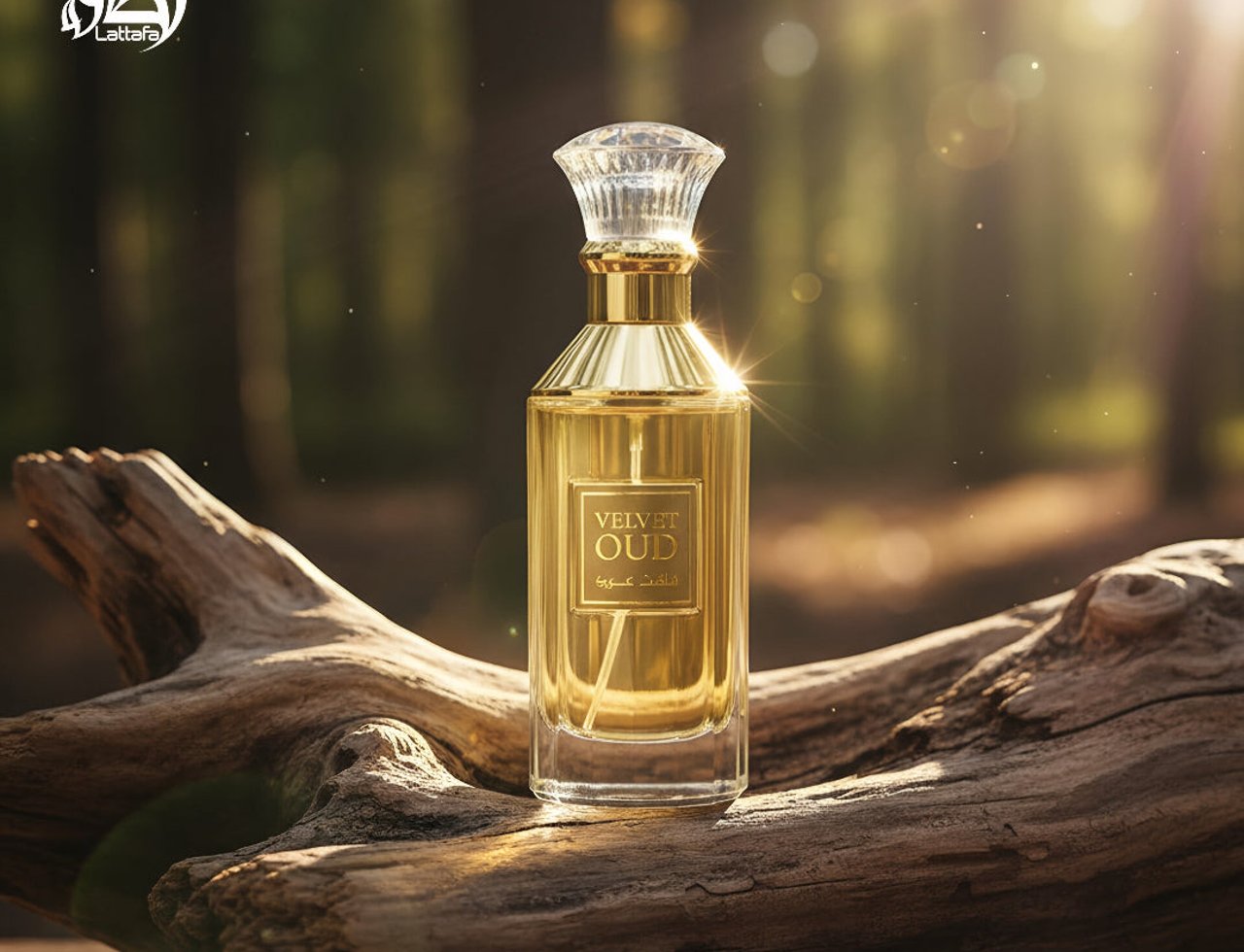 Lattafa Velvet Oud by Lattafa 100ml Unisex — Gold perfume bottle with a crystal cap, resting on a weathered wooden log in a sun-dappled forest setting.