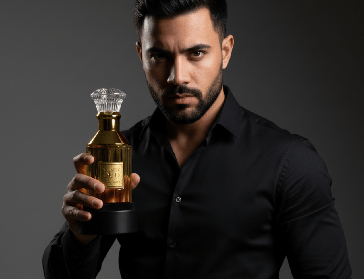 Lattafa Velvet Oud by Lattafa 100ml Unisex — Lelaki berbaju hitam pegang botol minyak wangi emas bertutup kristal, latar belakang kelabu gelap