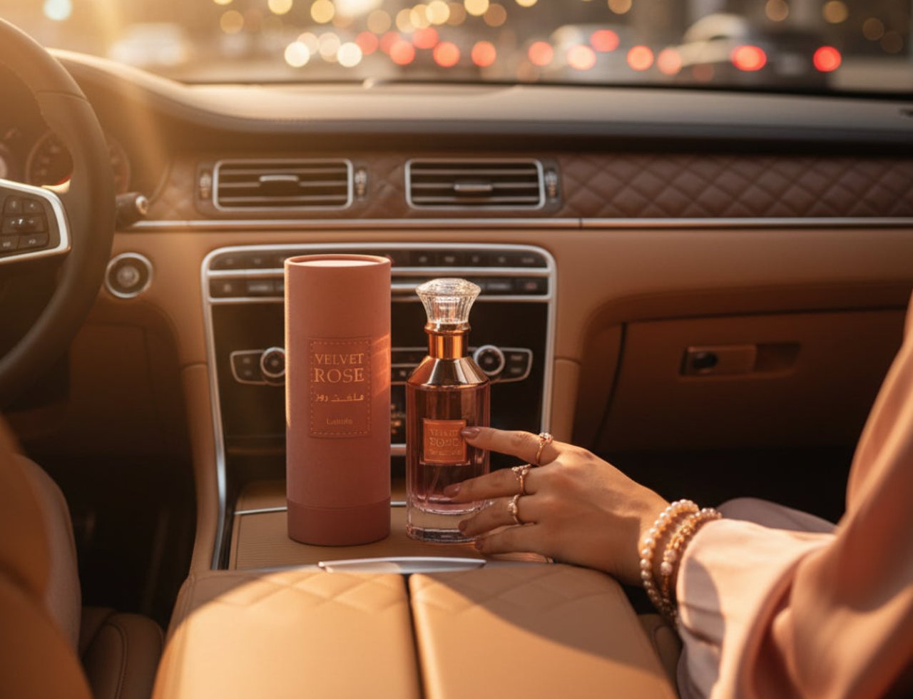 Lattafa Velvet Rose by Lattafa 100ml Unisex — Perfume bottle and its cylindrical box placed on a car's center console, with a woman's hand reaching for the bottle.