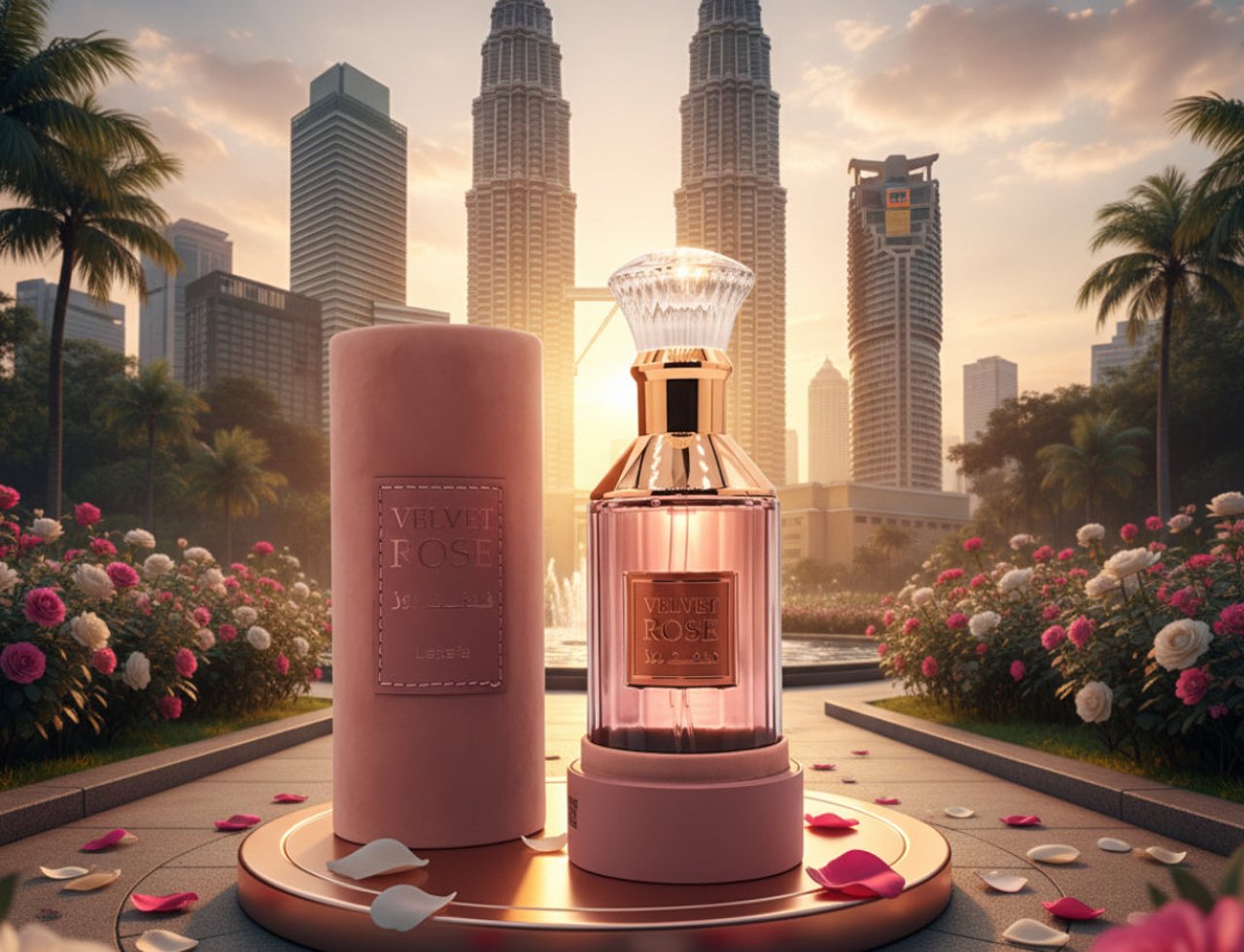 Lattafa Velvet Rose by Lattafa 100ml Unisex — Botol minyak wangi merah jambu dan kotaknya berdiri di atas pusingan emas, dikelilingi kelopak mawar dan pokok mawar, dengan Menara Berkembar Petronas di latar belakang waktu senja.