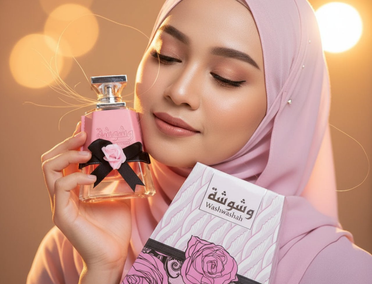 Lattafa Washwasha — Woman in pink hijab holding a pink perfume bottle with a black ribbon and rose, and a matching pink box with roses, soft bokeh background
