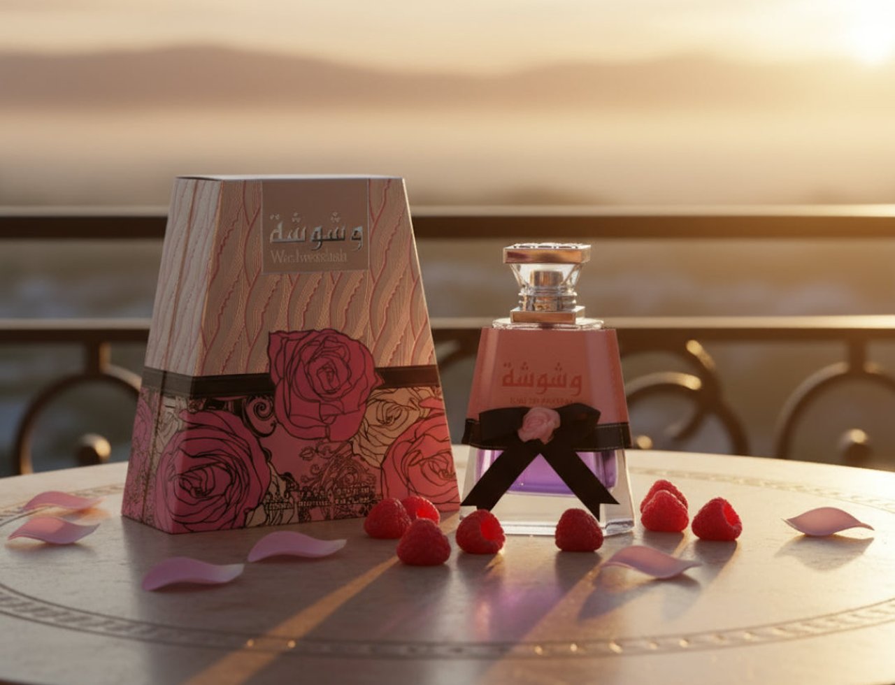 Lattafa Washwasha oleh Lattafa Perfumes – 100 ml untuk Wanita, menampilkan botol minyak wangi dan kotaknya di atas meja bersama raspberi dan kelopak mawar, dengan latar belakang matahari terbenam.