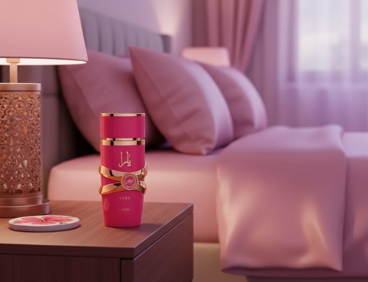 Lattafa Yara Candy by Lattafa 100ml EDP Women — Pink perfume bottle with gold accents on a wooden nightstand next to a lamp and bed with pink bedding.