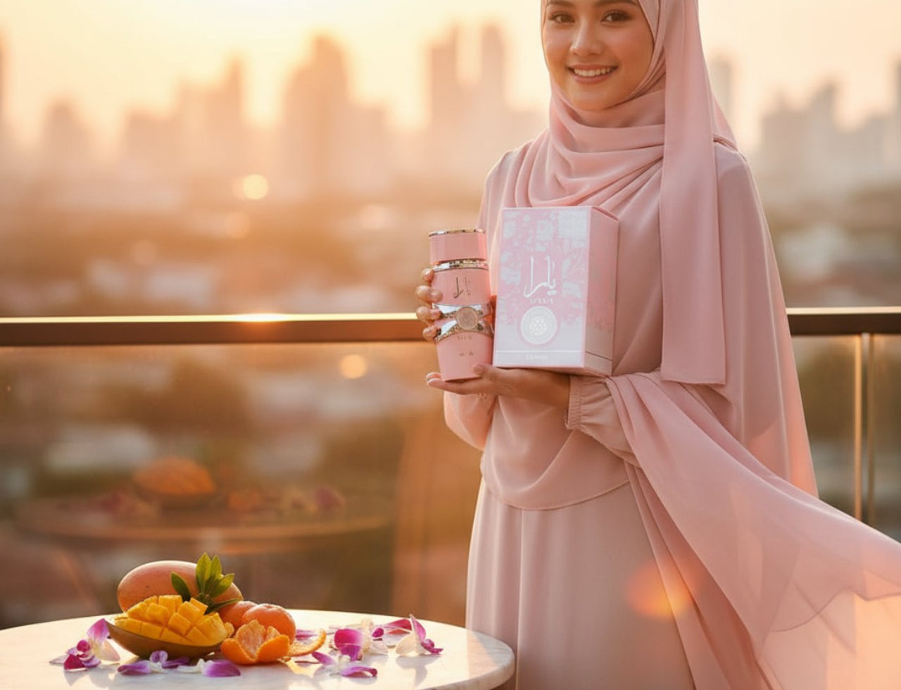 Lattafa Yara by Lattafa 100ml EDP Women — Wanita bertudung pink pegang botol dan kotak perfume pink, dengan meja buah-buahan dan bunga di hadapan.