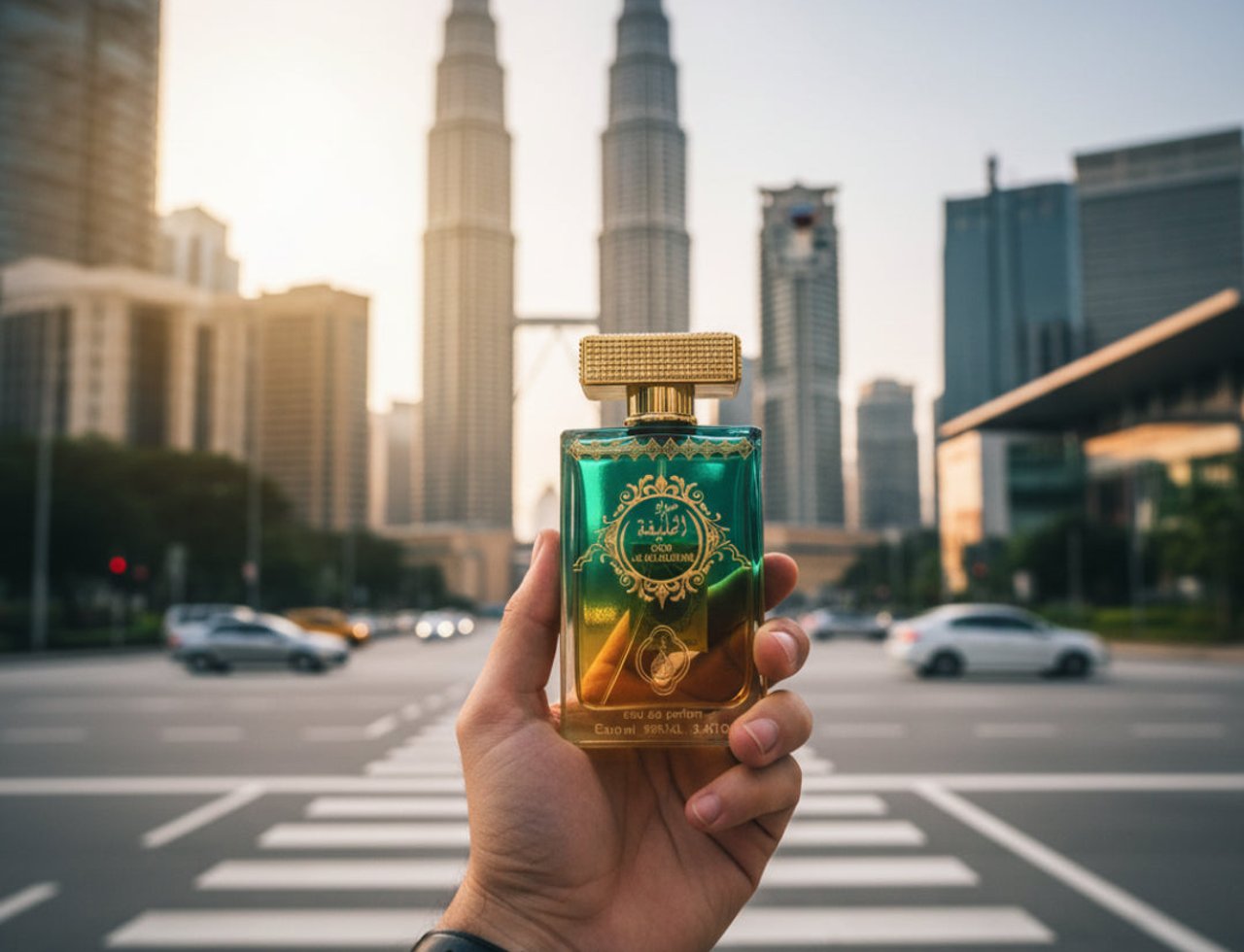 Mahabub Perfume Oud Al Khalifah by Mahabub Perfumes – 100 ml, a hand holding a green and gold gradient perfume bottle with Arabic calligraphy, with the Petronas Twin Towers in the background at sunset.
