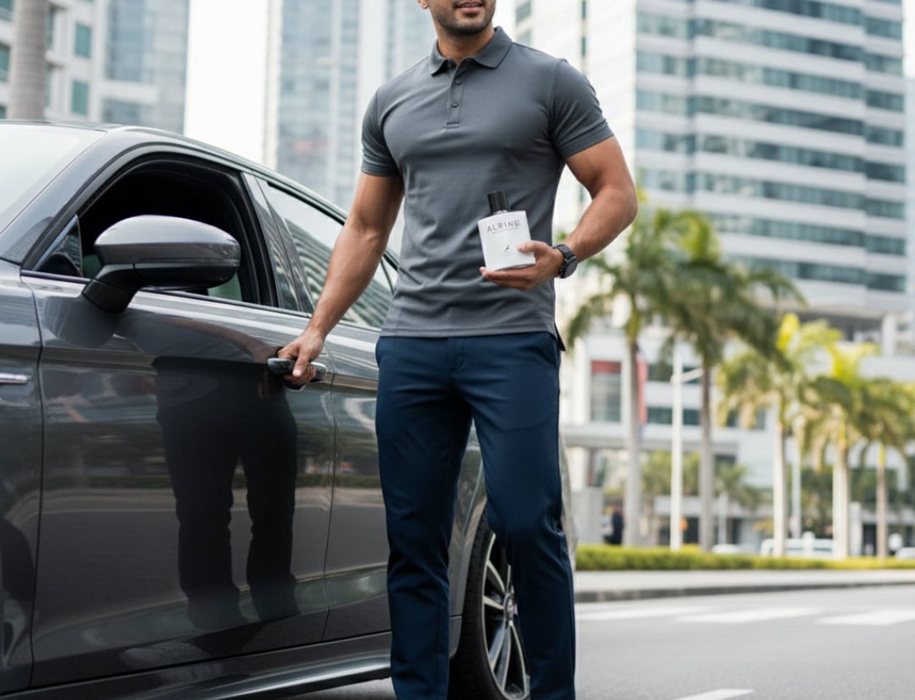 Maison Alhambra Alpine Homme Sport By Maison Alhambra Men 100ml — Lelaki berbaju polo kelabu dan seluar navy memegang botol minyak wangi putih di sebelah pintu kereta.