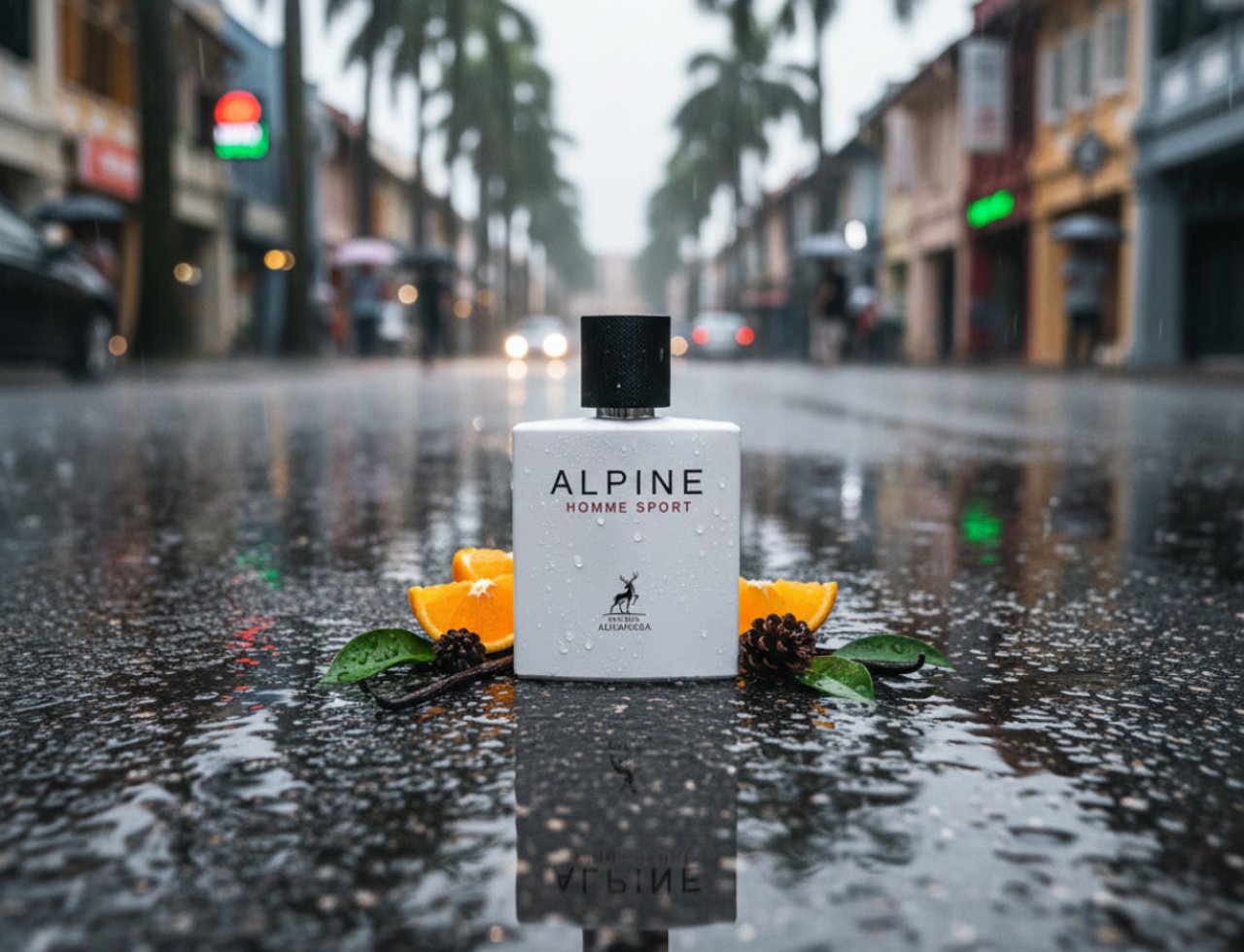 Maison Alhambra Alpine Homme Sport By Maison Alhambra Men 100ml — White perfume bottle with black cap, surrounded by orange slices, pine cone, and leaves, reflected on wet asphalt street with palm trees and buildings in the background.