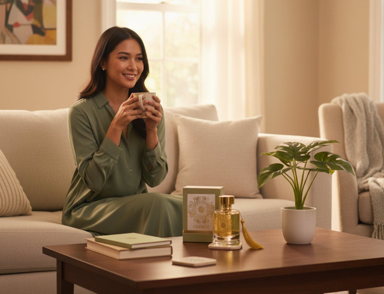 Maison Alhambra Anarch by Maison Alhambra 100ml EDP Women — Wanita berbaju hijau pegang cawan, duduk di sofa dengan meja kopi di depan memaparkan botol minyak wangi, kotak, buku, dan pokok.