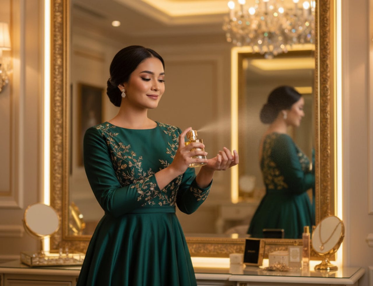 Maison Alhambra Anarch by Maison Alhambra 100ml EDP Women — Woman in a green dress spraying perfume on her wrist in a luxurious vanity room with a large ornate mirror