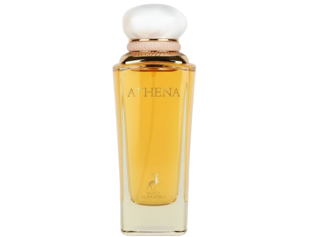 Maison Alhambra Athena Eau de Parfum 100 ml Ville Femme — Botol minyak wangi kaca tinggi berisi cecair keemasan, tertulis nama 'ATHENA' dan logo siluet rusa, di atasnya penutup putih dan emas.