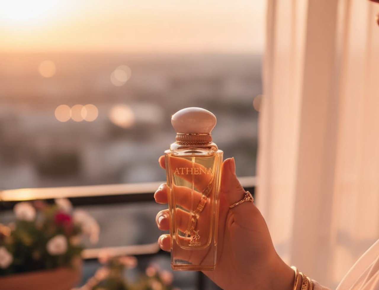 Maison Alhambra Athena Eau de Parfum 100 ml Ville Femme — Hand holding a clear glass perfume bottle with a white and gold cap, against a sunset cityscape background.
