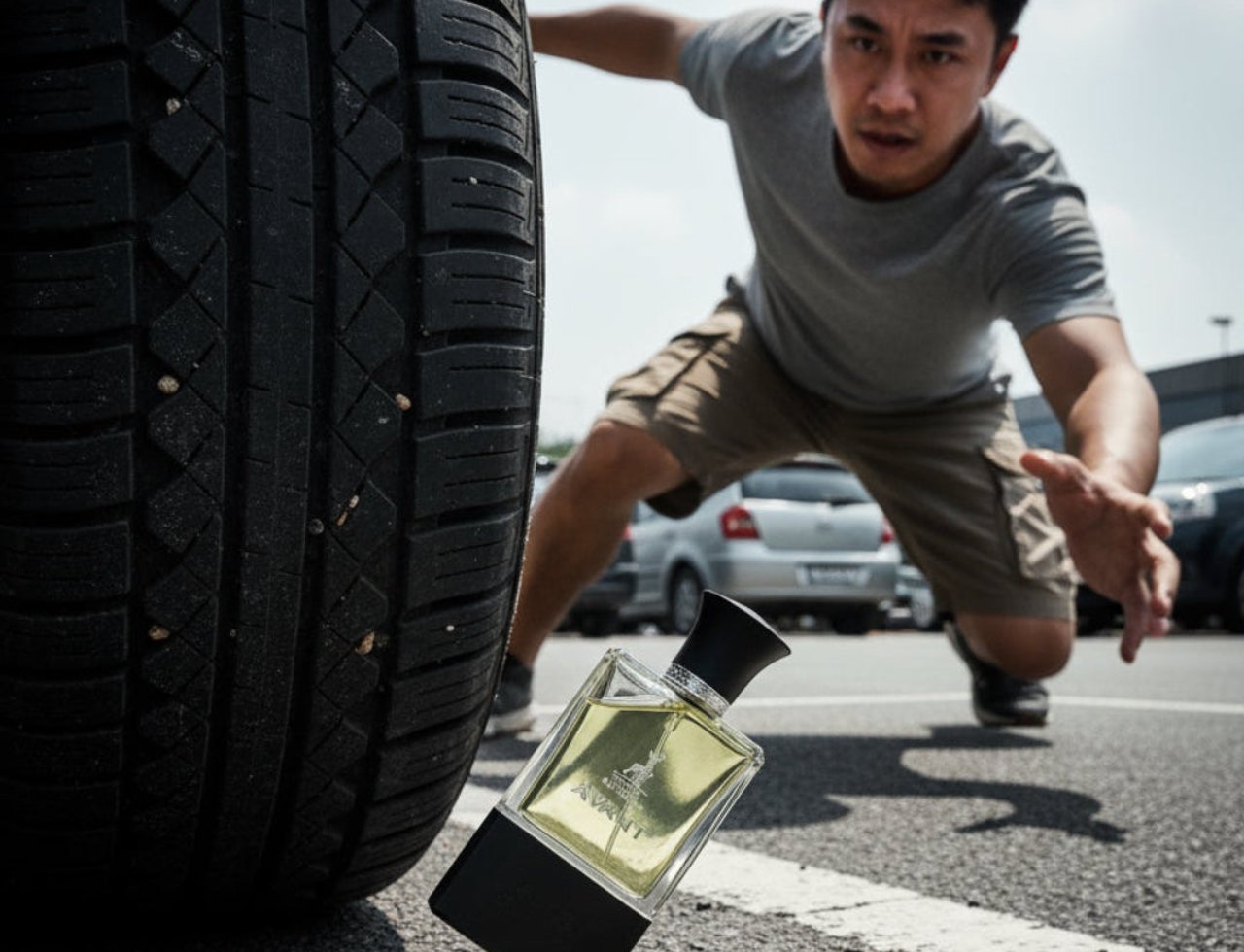 Maison Alhambra Avant by Maison Alhambra 100ml EDP Men — Man reaching for a perfume bottle near a car tire on asphalt