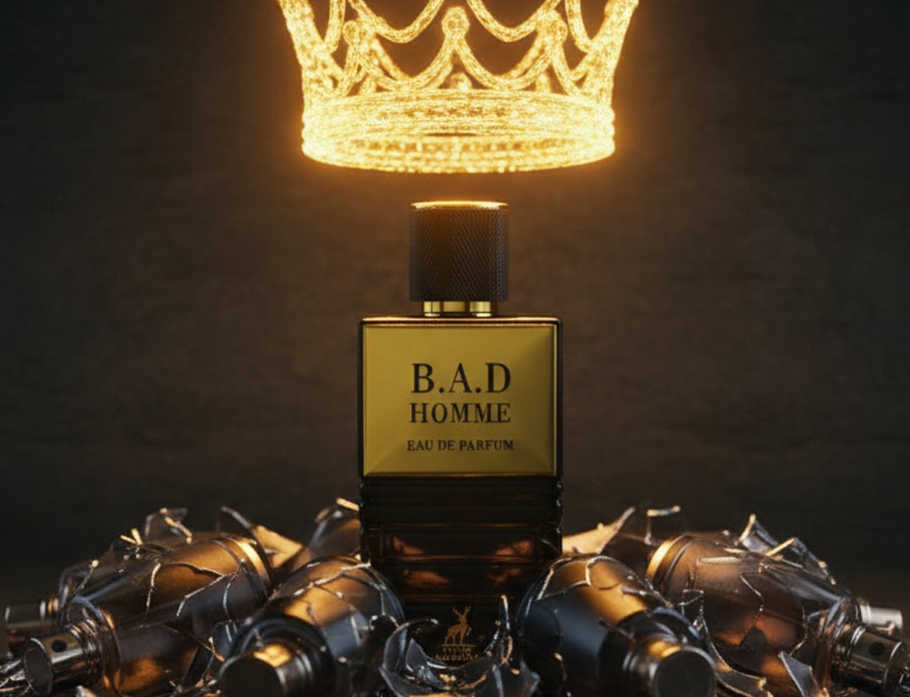 Maison Alhambra B.A.D. Homme Eau de Parfum — Mahkota emas melayang di atas botol minyak wangi kaca yang dikelilingi serpihan kaca pecah dan botol yang hancur.