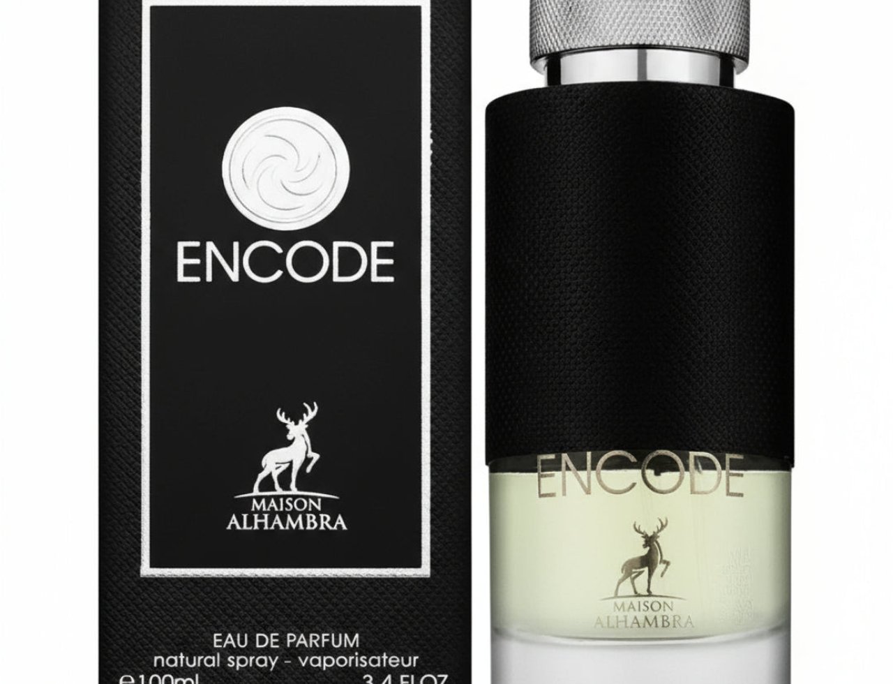 Maison Alhambra Encode By Maison Alhambra 100ml for Man — Botol hitam bertekstur dengan penutup perak dan aksen emas, bersebelahan kotak hitam sepadan dengan teks putih dan logo bulat.