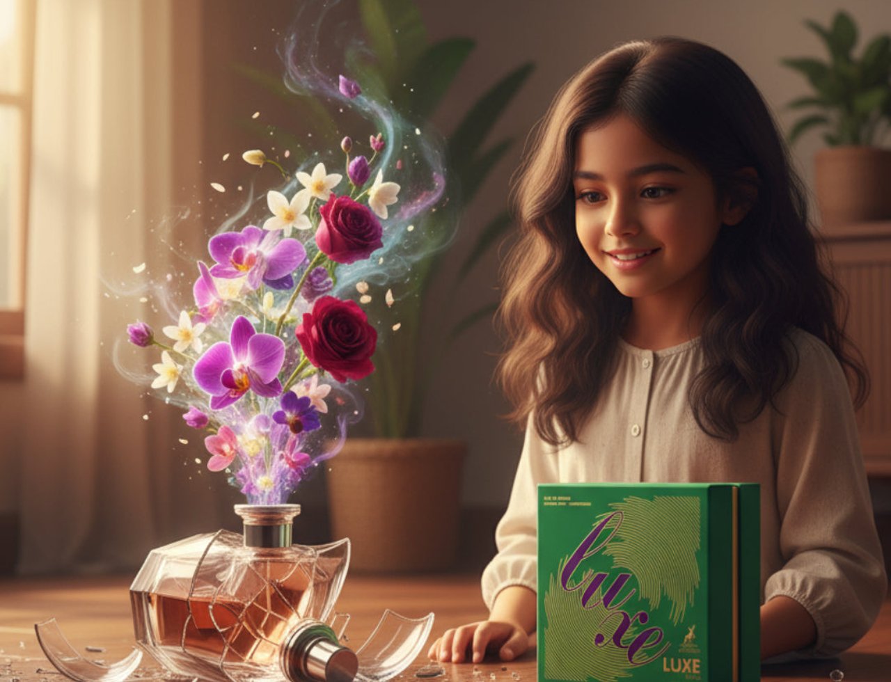 Maison Alhambra Luxe Bold by Maison Alhambra – 100 ml Unisex, a young girl looks at a broken perfume bottle with flowers emerging, a green box is beside her.