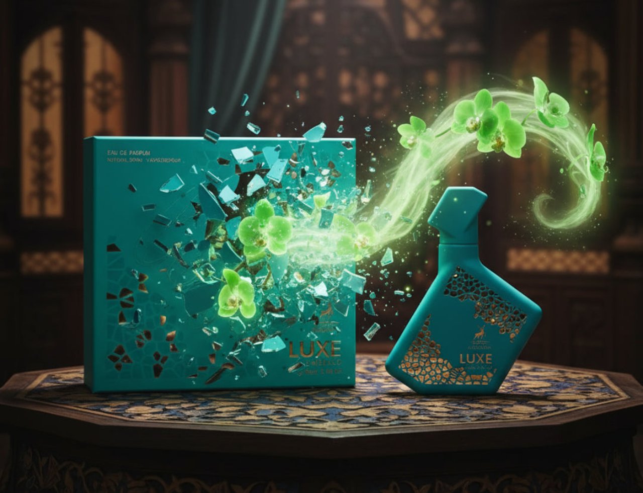 Maison Alhambra Luxe Emerald Perfume Maison Alhambra 100ml Unisex — Teal perfume box exploding with green orchids and light trails, next to a teal perfume bottle with gold accents on a patterned table.