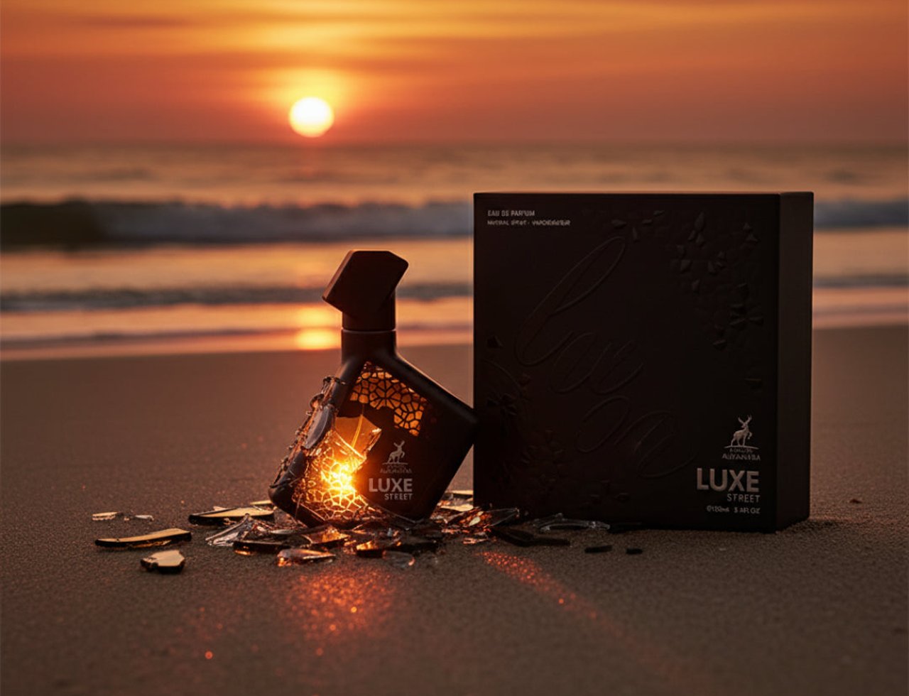 Maison Alhambra Luxe Street — Botol Eau de Parfum Unisex dan kotak di pantai waktu matahari terbenam, dengan serpihan kaca pecah di sekeliling botol.