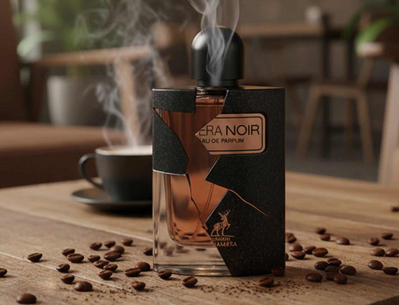 Maison Alhambra Opera Noir by Maison Alhambra 100ml EDP — Botol minyak wangi kaca berpenutup hitam bertekstur dan label hitam retak, mengeluarkan asap, diletakkan di atas meja kayu dengan biji kopi bertaburan dan secawan kopi di latar belakang.