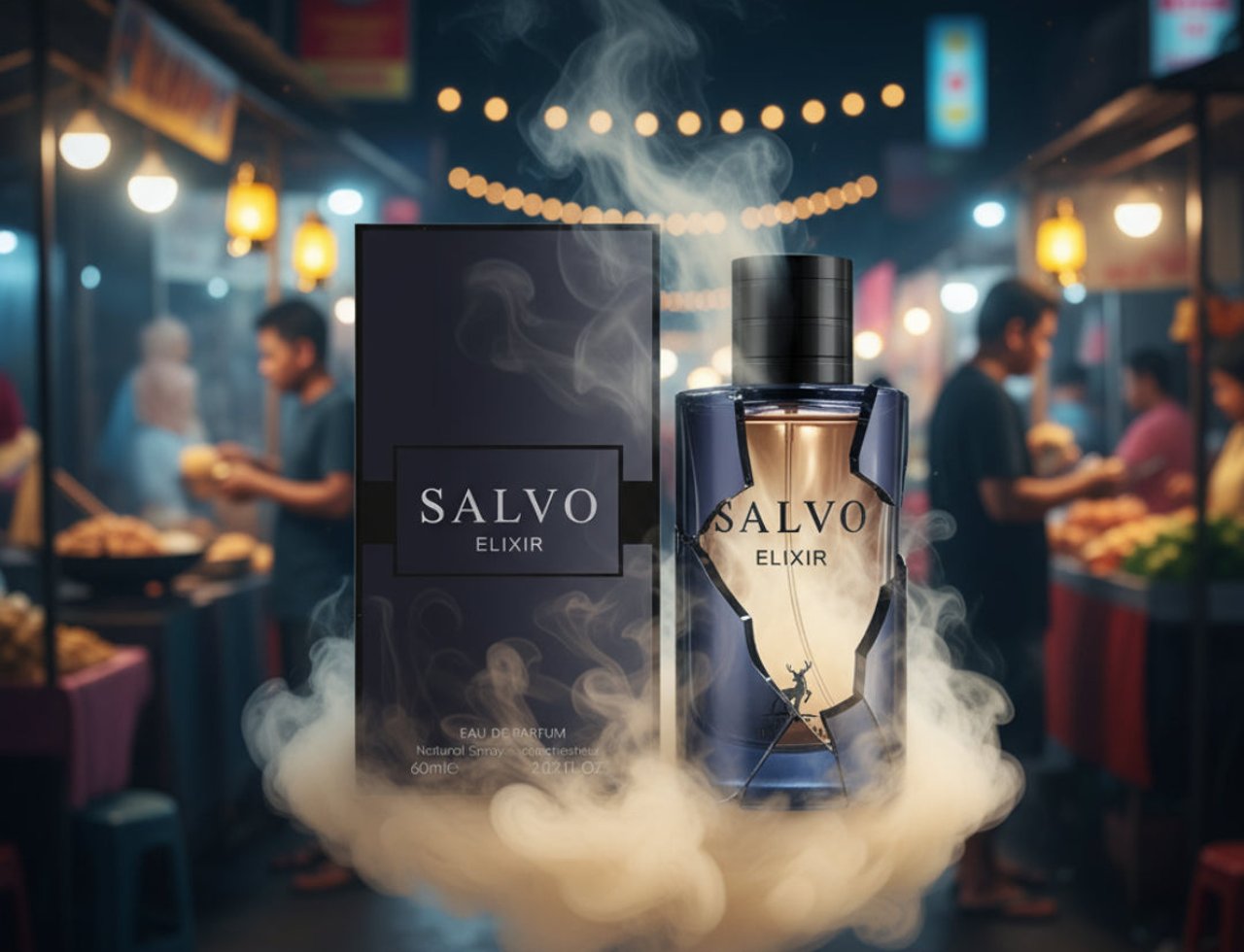 Maison Alhambra Salvo Elixir — Botol minyak wangi biru gelap dan kotaknya dipamerkan di tengah asap berpusar, dengan latar belakang pasar malam yang kabur.