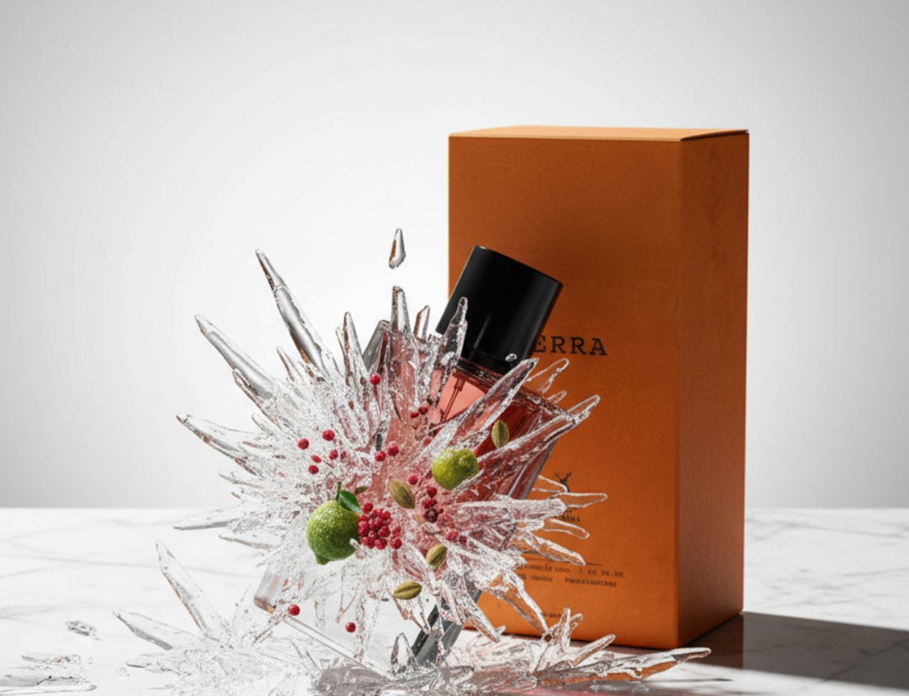 Maison Alhambra Terra by Maison Alhambra – 50 ml Unisex, a perfume bottle with a black cap emerging from a burst of clear liquid and botanical elements like limes, peppercorns, and cardamom pods, with an orange box in the background.