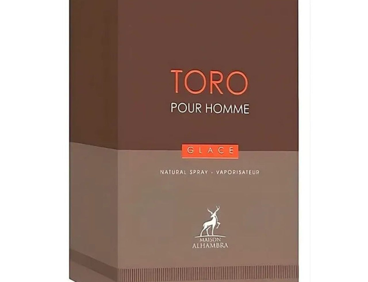 Maison Alhambra Toro Pour Homme Glace – Kotak perisa lelaki warna coklat dan beige, ada tulisan 'TORO POUR HOMME' dan 'GLACE', logo rusa, serta butiran isipadu.
