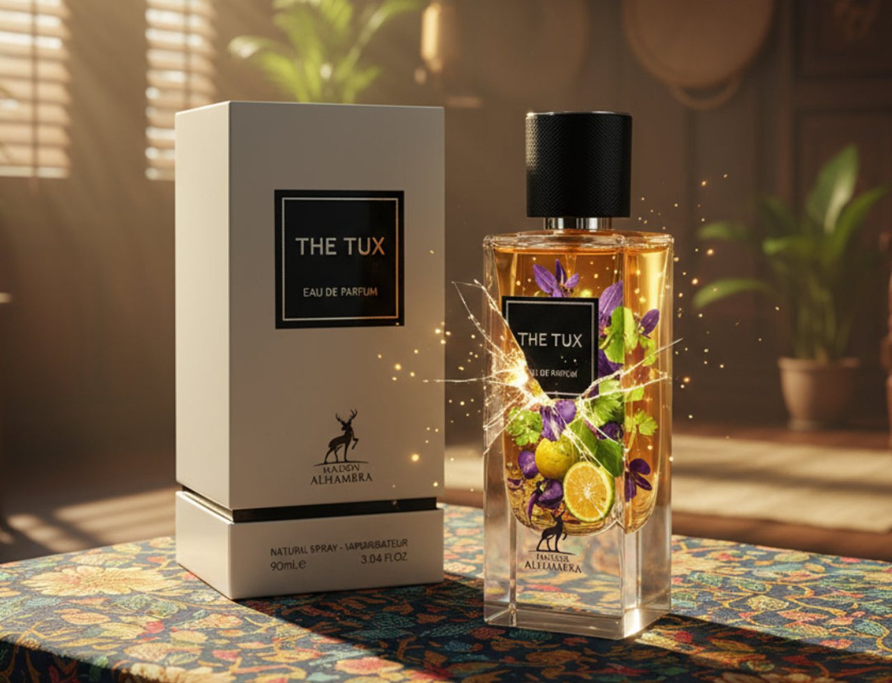 Maison Alhambra The Tux by Maison Alhambra 90ml EDP for Men — Kotak minyak wangi putih dan botol kaca jernih The Tux, menampilkan elemen sitrus dan bunga, dipamerkan di atas permukaan fabrik bermotif dengan kesan cahaya berkilauan.