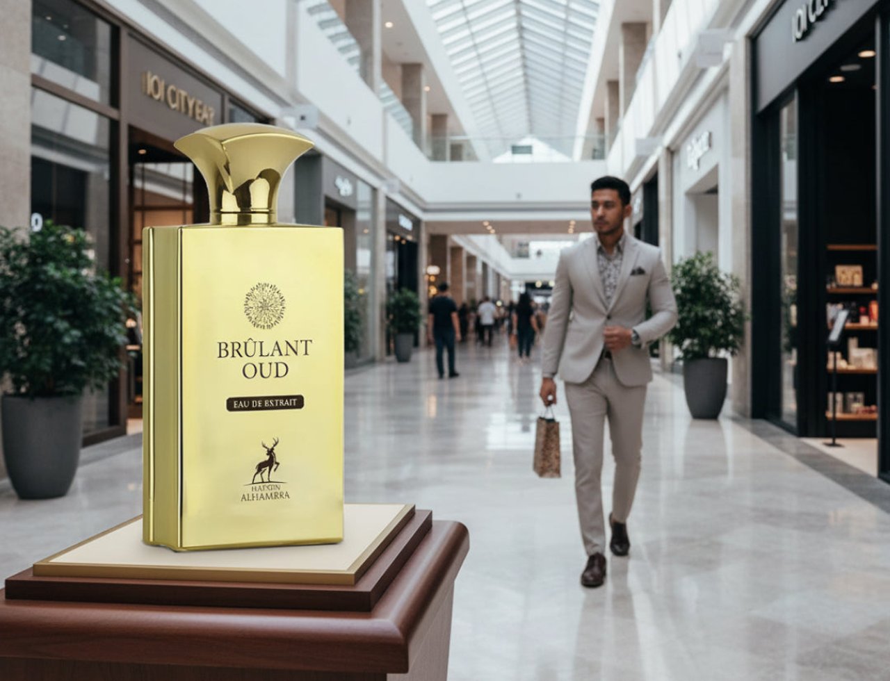 Maison Alhambra Brulant Oud — Botol minyak wangi emas berbentuk segi empat tepat yang tinggi dengan penutup berhias diletakkan di atas tapak pameran kayu di pusat membeli-belah moden. Seorang lelaki berbaju kelabu berjalan di latar belakang.