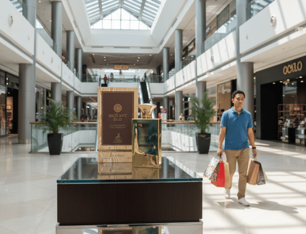 Maison Alhambra Brulant Oud for Men 100ml — A gold-capped perfume bottle and its box displayed on a reflective surface in a shopping mall atrium with a man walking in the background carrying shopping bags.