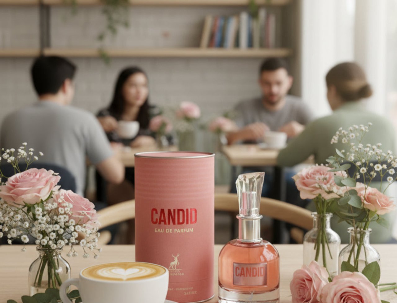 Maison Alhambra Candid by Maison Alhambra 100 ml untuk Wanita — Botol dan kotak silinder wangian merah jambu diletakkan di atas meja kayu bersama kopi latte art, bunga ros merah jambu, dan bunga 'baby's breath' dalam pasu. Orang ramai kelihatan kabur di latar belakang.