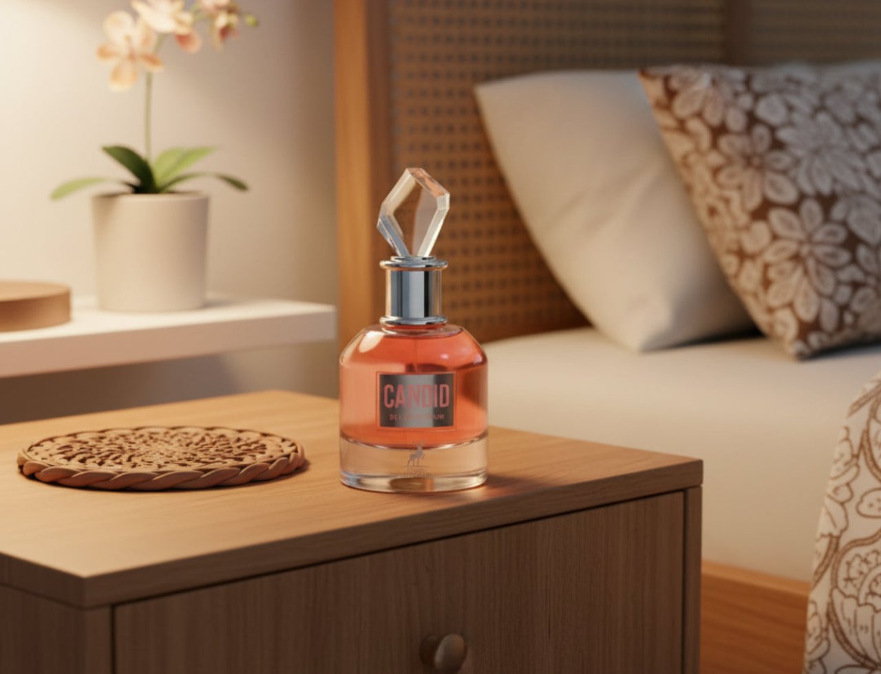 Maison Alhambra Candid by Maison Alhambra 100 ml for Women — Pink perfume bottle with a faceted crystal stopper on a wooden nightstand next to a bed with patterned pillows.