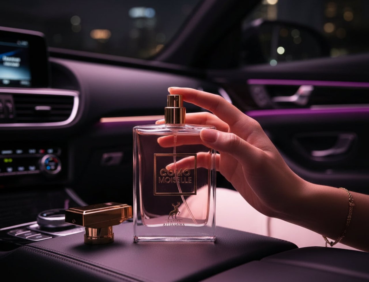 Maison Alhambra Como Moiselle — Hand holding a clear perfume bottle with gold accents inside a car at night, with ambient purple lighting.