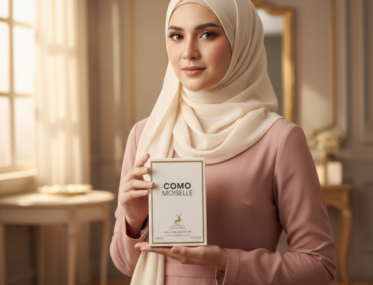Maison Alhambra Como Moiselle — Wanita berbaju merah jambu dan tudung krim memegang kotak minyak wangi putih berbingkai emas, cahaya tingkap lembut.