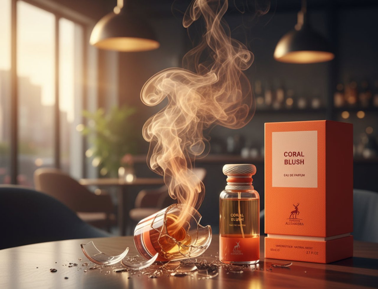 Maison Alhambra Coral Blush 80ml EDP — Botol minyak wangi kaca pecah dengan asap naik, sebelah kotak orennya di atas meja kayu.