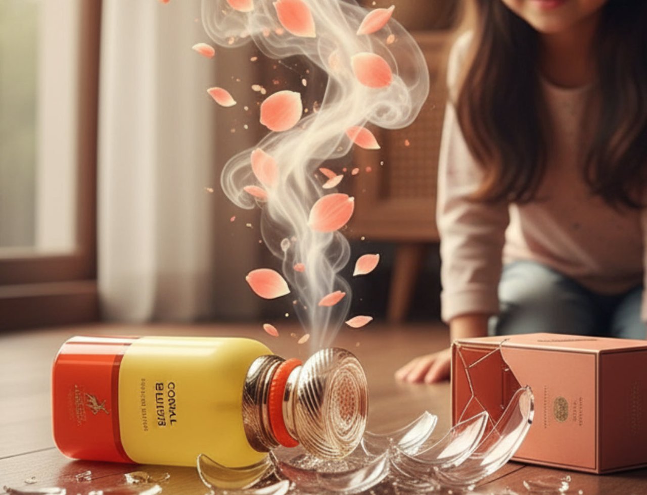 Maison Alhambra Coral Blush by Maison Alhambra 80ml EDP — A broken glass bottle of perfume lies on its side, with smoke and pink petals rising from it. A young girl smiles in the background.