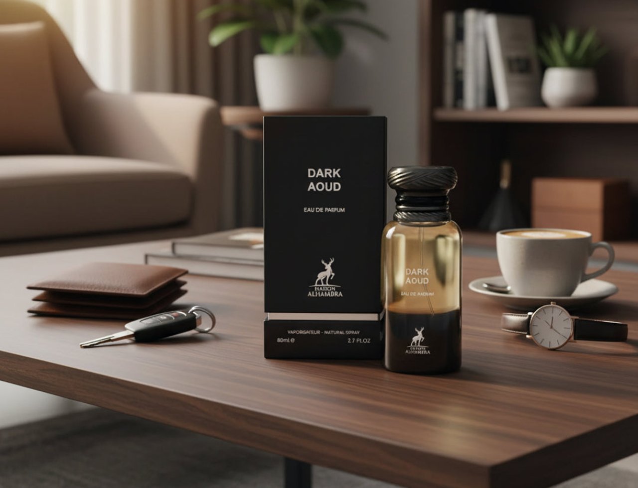Maison Alhambra Dark Aoud by Maison Alhambra 80ml EDP — Kotak gelap dan botol kaca amber wangian Dark Aoud terletak di atas meja kayu bersebelahan dompet, kunci kereta, dan secawan kopi.