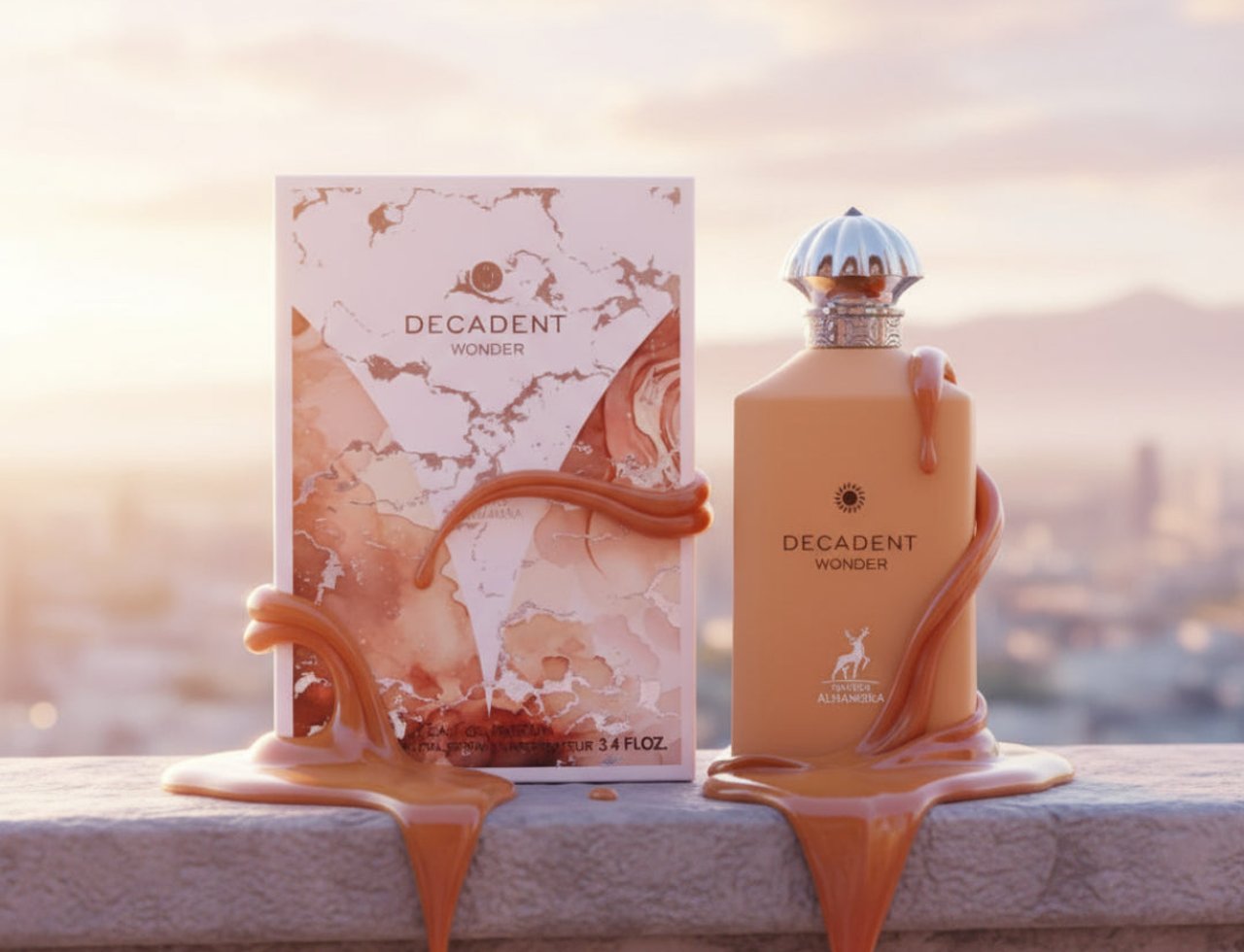 Maison Alhambra Decadent Wonder Her EDP 100 ml Alhambra — Botol dan kotak minyak wangi dengan cecair seperti karamel menitis, berlatar langit senja lembut dan pemandangan bandar.