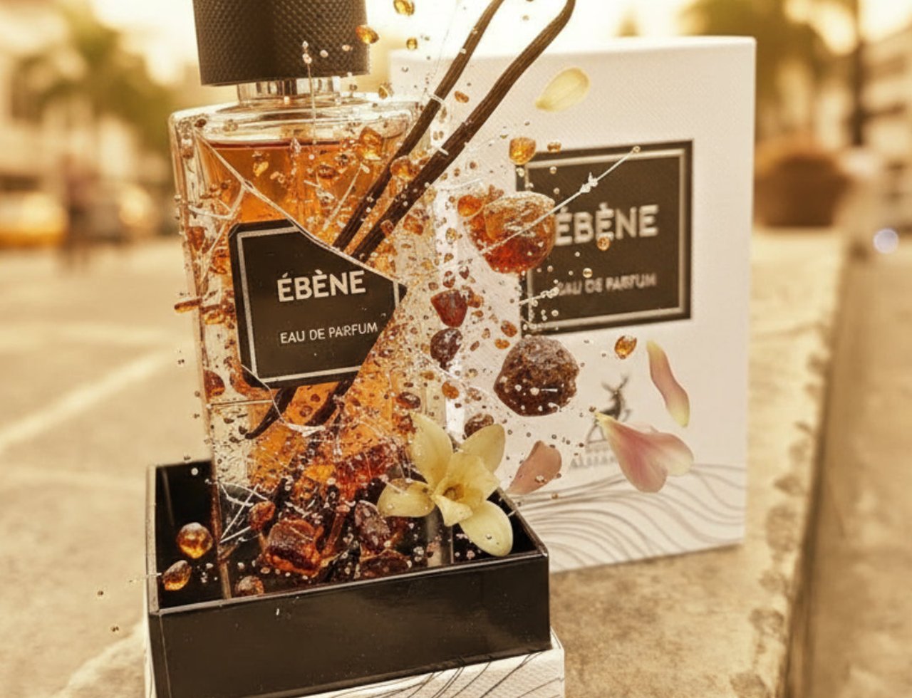 Maison Alhambra Ebene by Maison Alhambra Perfume 90 ml EDP — A clear glass perfume bottle with amber liquid, a black label reading 'EBENE EAU DE PARFUM', and a black cap, is surrounded by splashing liquid, amber-colored crystals, vanilla pods, and a delicate flower, presented in a black box.