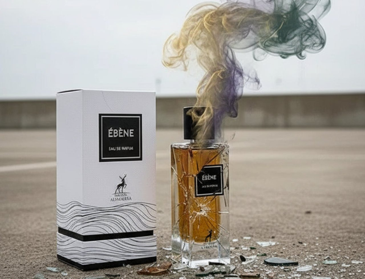 Maison Alhambra Ebene by Maison Alhambra Perfume 90 ml EDP — Botol minyak wangi kaca retak dengan asap berwarna-warni naik, bersebelahan kotak putihnya di atas permukaan konkrit dengan serpihan kaca pecah.