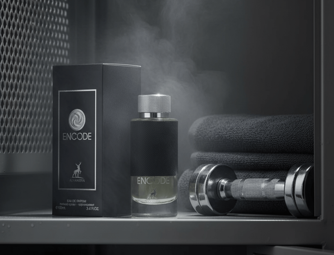 Maison Alhambra Encode By Maison Alhambra 100ml for Man — Black textured perfume bottle with silver cap, next to its box, on a shelf with dumbbells and folded towels, gym locker background.