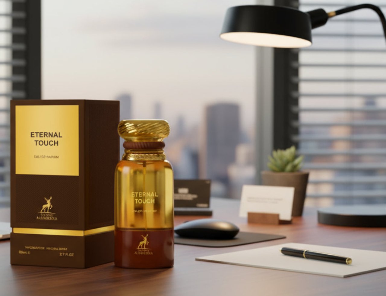 Maison Alhambra Eternal Touch by Maison Alhambra 80ml EDP — A golden glass perfume bottle with a textured gold cap sits on a wooden desk next to its brown and gold box, with a pen and notebook in the foreground.