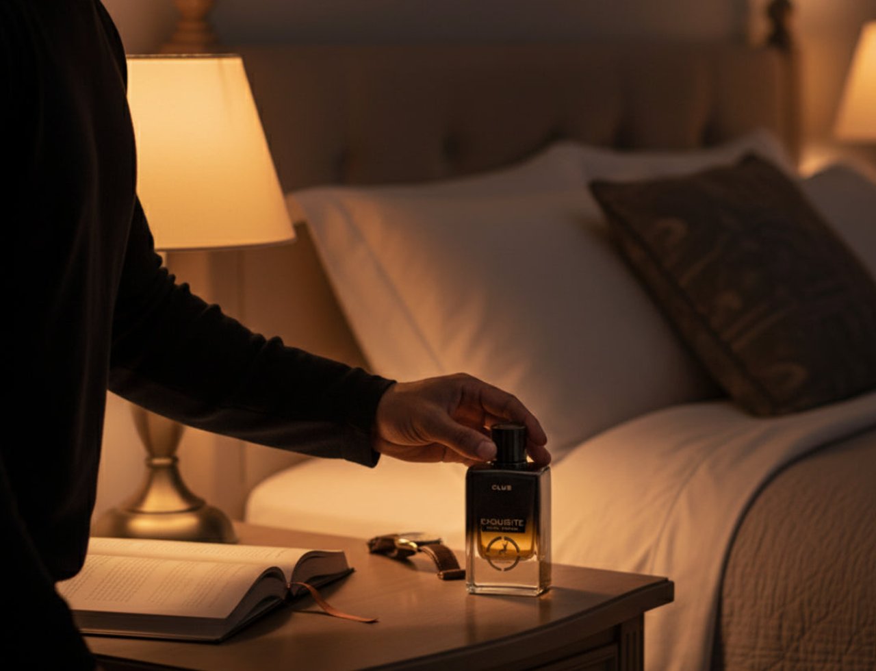 Maison Alhambra Exquisite Club By Maison Alhambra For Men 100ml — Man's hand reaching for a perfume bottle on a nightstand next to an open book and a watch.