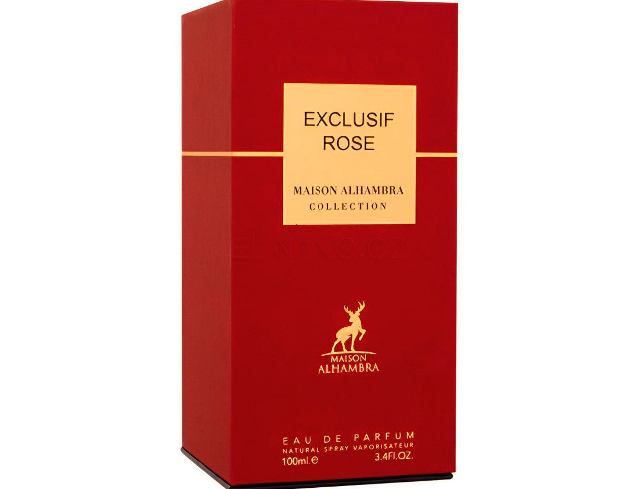 Maison Alhambra Exclusif Rose Maison Alhambra 100ml EDP — Red rectangular box with a gold accent band, featuring the text 'EXCLUSIF ROSE' and 'MAISON ALHAMBRA COLLECTION' on a cream-colored label. A deer logo is also present.