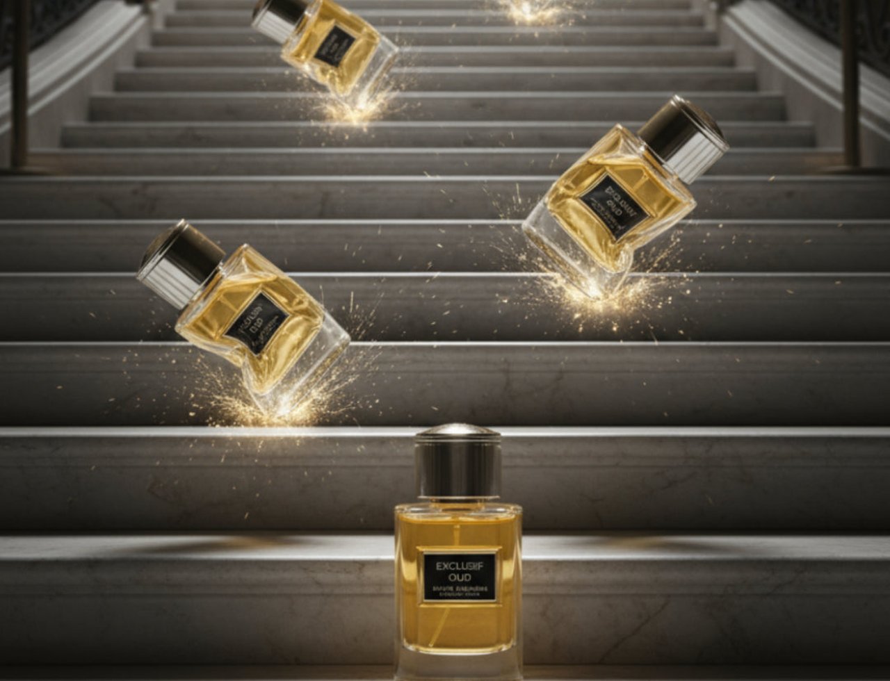 Maison Alhambra Exclusif Oud by Maison Alhambra 100 ml Unisex — Several bottles of Exclusif Oud perfume are scattered and falling down a grand marble staircase, with sparks flying from the impact points.