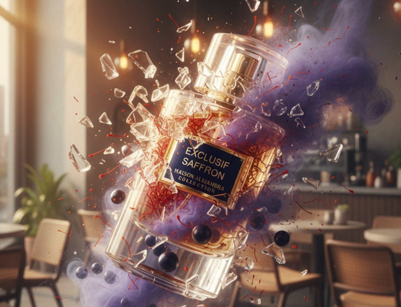 Maison Alhambra Exclusif Saffron by Maison Alhambra – 100 ml Unisex, a clear glass perfume bottle with gold accents, shattered glass fragments, purple smoke, and saffron threads exploding outwards in a cafe setting.