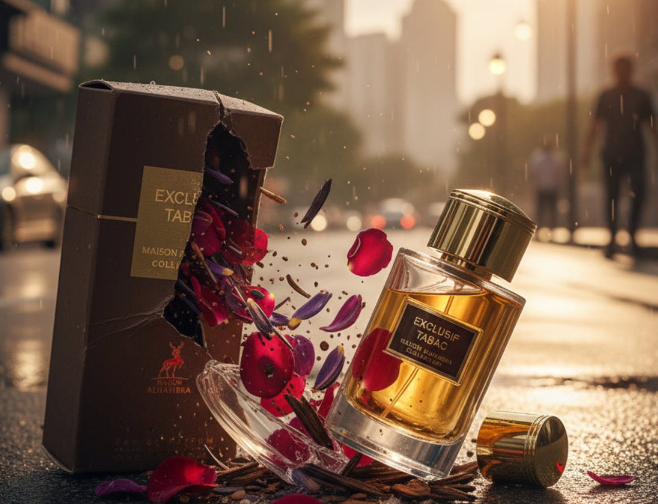 Maison Alhambra Exclusif Tabac by Maison Alhambra – 100 ml Unisex, a broken brown box with petals spilling out, a tilted perfume bottle with gold cap, and scattered rose petals on a wet street.