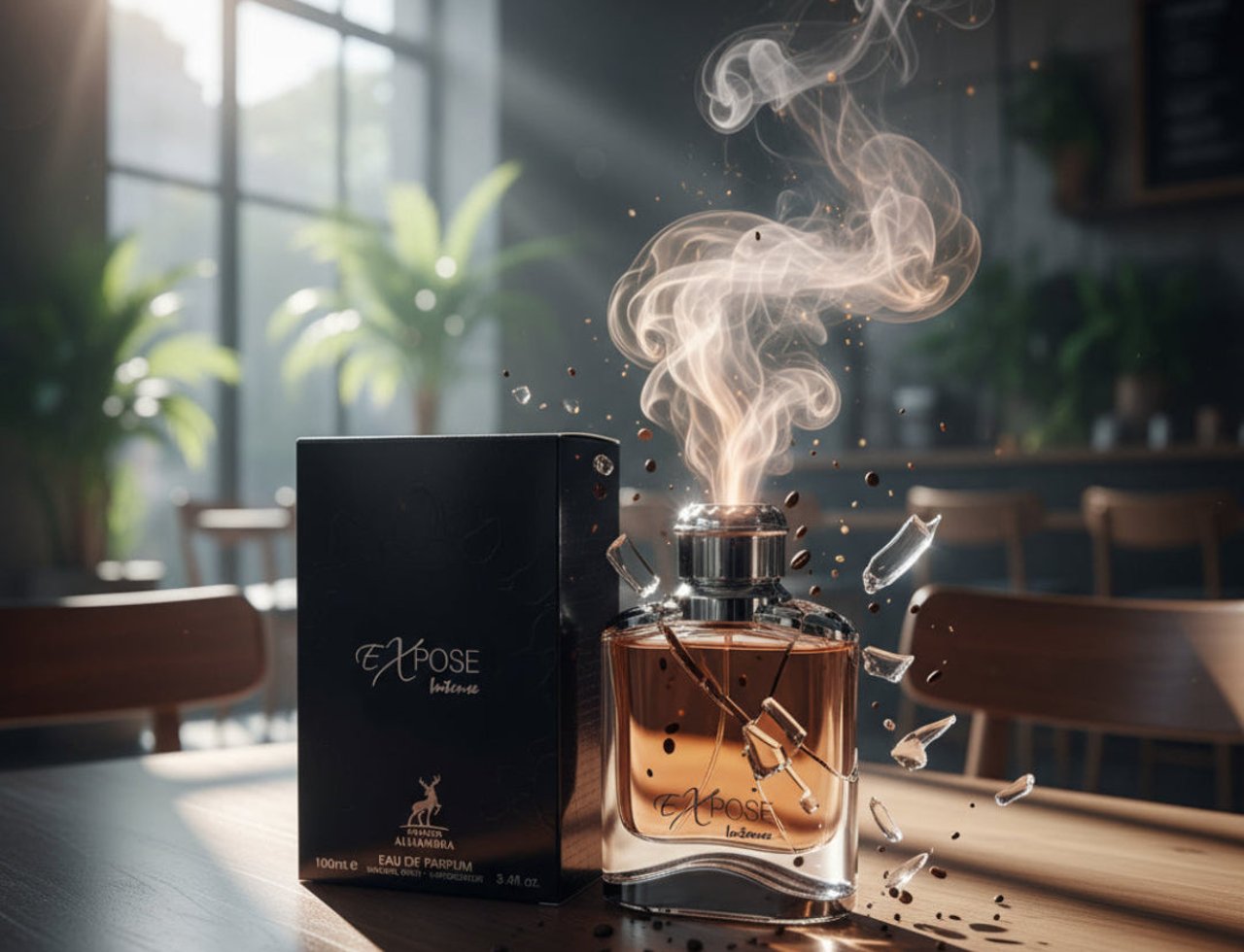 Maison Alhambra Expose Intense by Maison Alhambra – 100 ml for Men, with a black box and a glass bottle emitting smoke, set on a wooden table with shattered glass fragments.