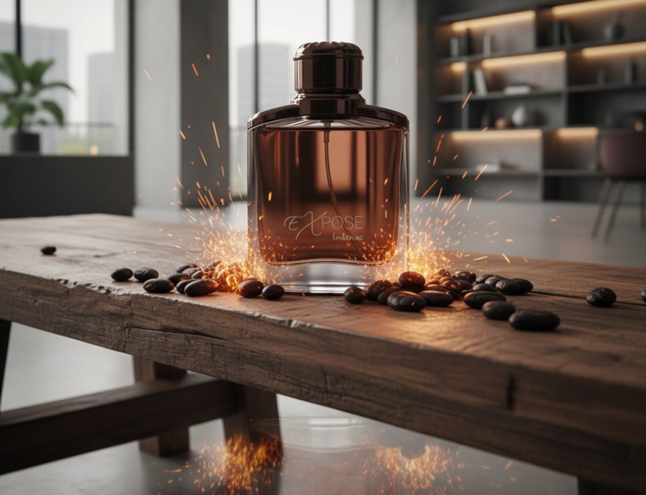 Maison Alhambra Expose Intense by Maison Alhambra – 100 ml untuk Lelaki, botol minyak wangi kaca perang dengan penutup gelap, dikelilingi biji kopi dan percikan api di atas meja kayu.