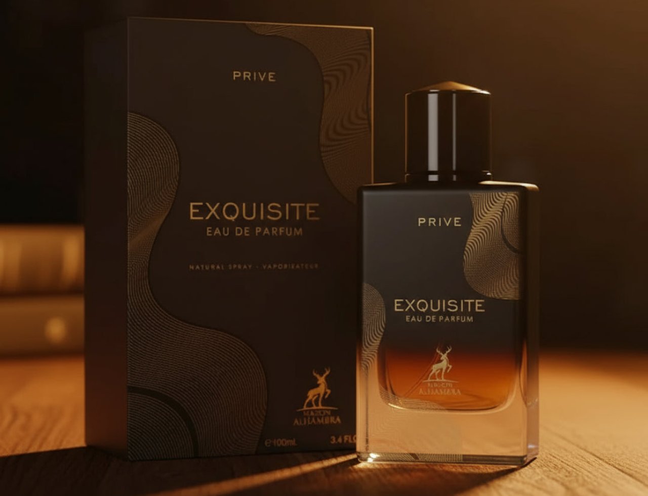 Maison Alhambra Exquisite Prive Maison Alhambra 100 ml EDP Men — Kotak minyak wangi coklat gelap dan botol kaca jernih bertutup gelap, kedua-duanya mempunyai corak ombak emas dan logo rusa jenama, diletakkan di atas permukaan kayu dengan pencahayaan lembut.