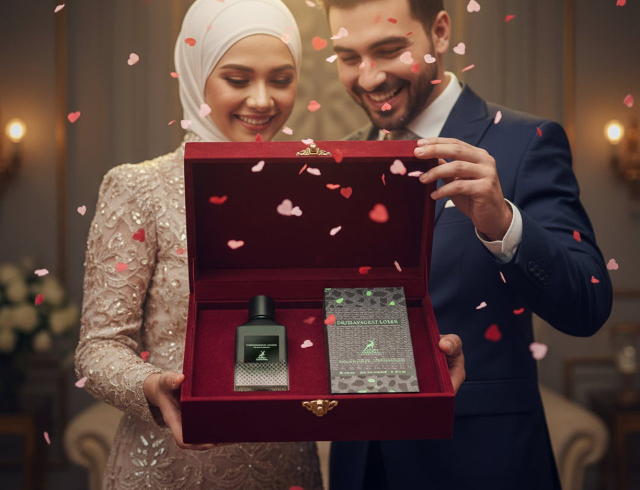 Maison Alhambra Extravagant Lover by Maison Alhambra – 100 ml, a couple in elegant attire opening a red velvet gift box containing a perfume bottle and a card, with pink heart confetti falling.