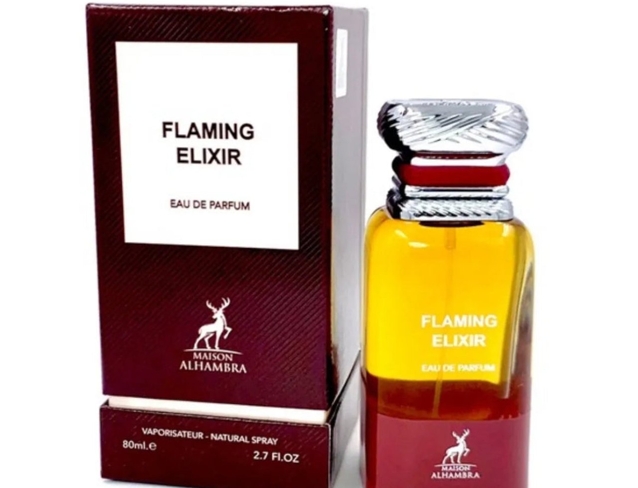 Maison Alhambra Flaming Elixir — A maroon box with white label and a clear glass perfume bottle with yellow and red liquid, silver cap, on a white background.